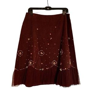 Corduroy burgundy beaded boho skirt